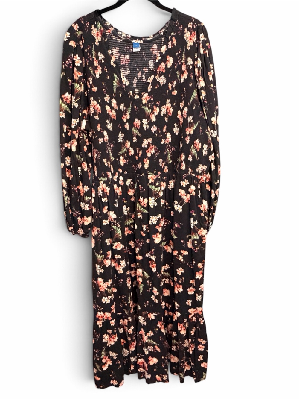 Old Navy Black Floral Long Sleeve Midi Dress with Peach Blossoms